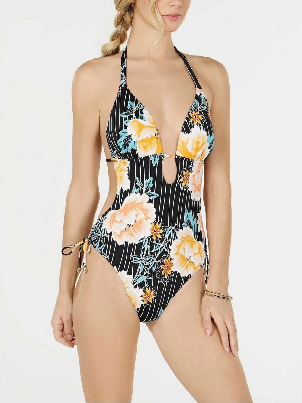 Bar III Floral Halter One-Piece Swimsuit in Black and Yellow